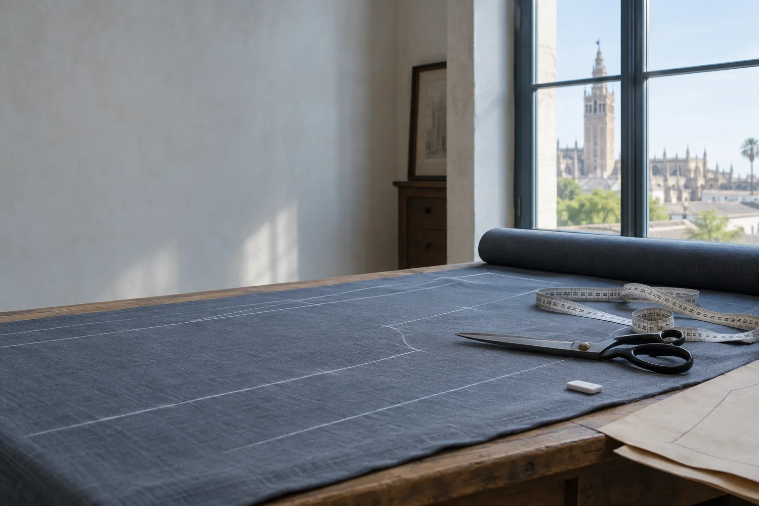 Mesa de corte del taller con lana gris azulada marcada a tiza, cinta métrica y tijeras junto a la ventana