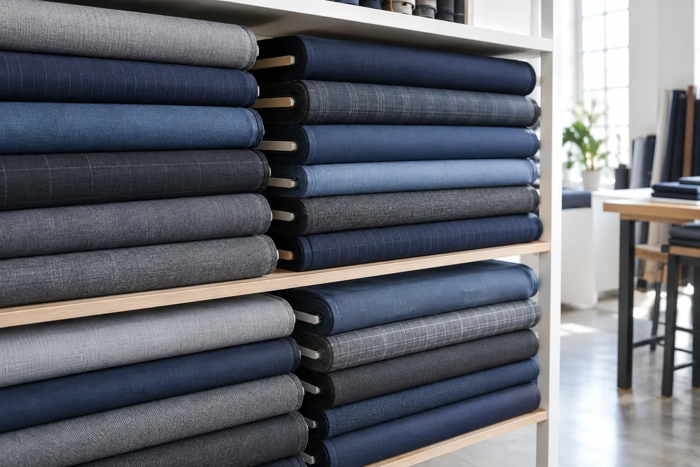 Estanterías del taller con piezas de lana dobladas en grises y azules