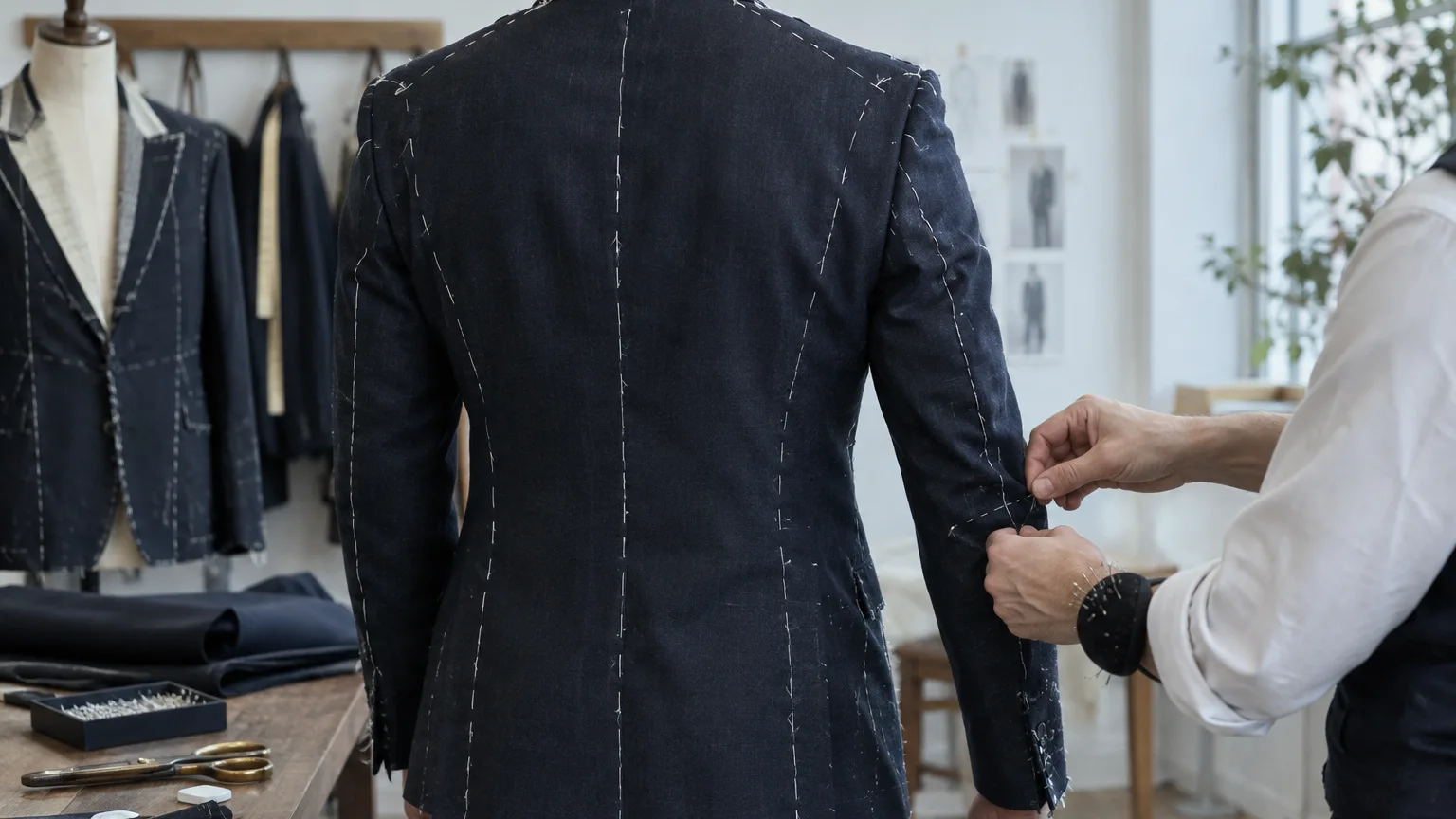 Chaqueta en hilván durante la primera prueba, con el sastre ajustando la manga