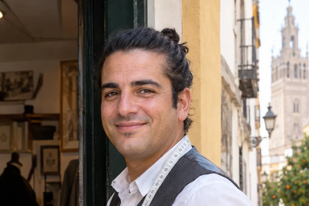 Javier Lozano, sastre de Westrand, con chaleco gris, cinta métrica y acerico en la muñeca