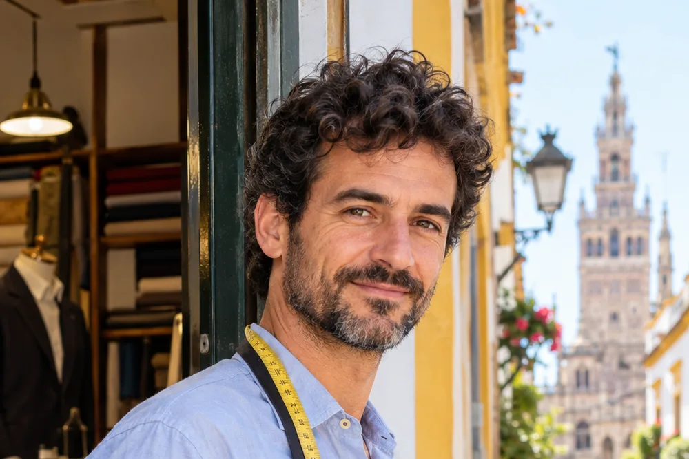 Rafael Montero, sastre de Westrand, con la cinta métrica al cuello y delantal de trabajo