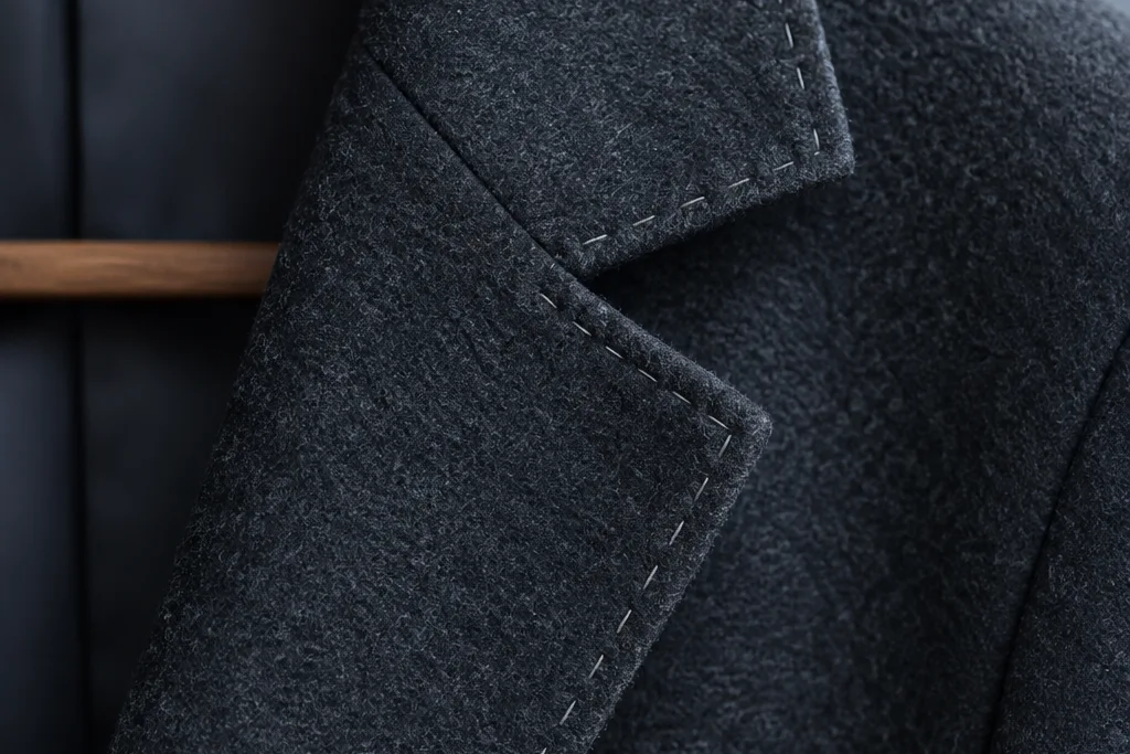 Detalle de la solapa de una americana de lana gris con pespunte a mano