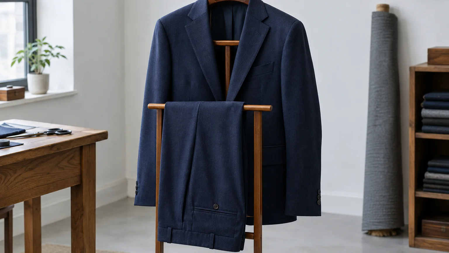 Traje azul marino terminado, colgado en un galán de madera en el taller